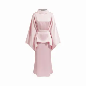 Cider Satin Stand Collar Cape Top & Mid Rise Midi Skirt Set