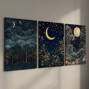 3 Pcs William Morris Stretched Canvas Wall Art, Gold Moon & Night Sky Botanical Prints, Ready to Hang Floral Posters, Vintage Mid-Century Modern Decor, Gallery Wrapped Celestial Garden Murals for Bedroom, Living Room, Premium Nature Artwork Gift