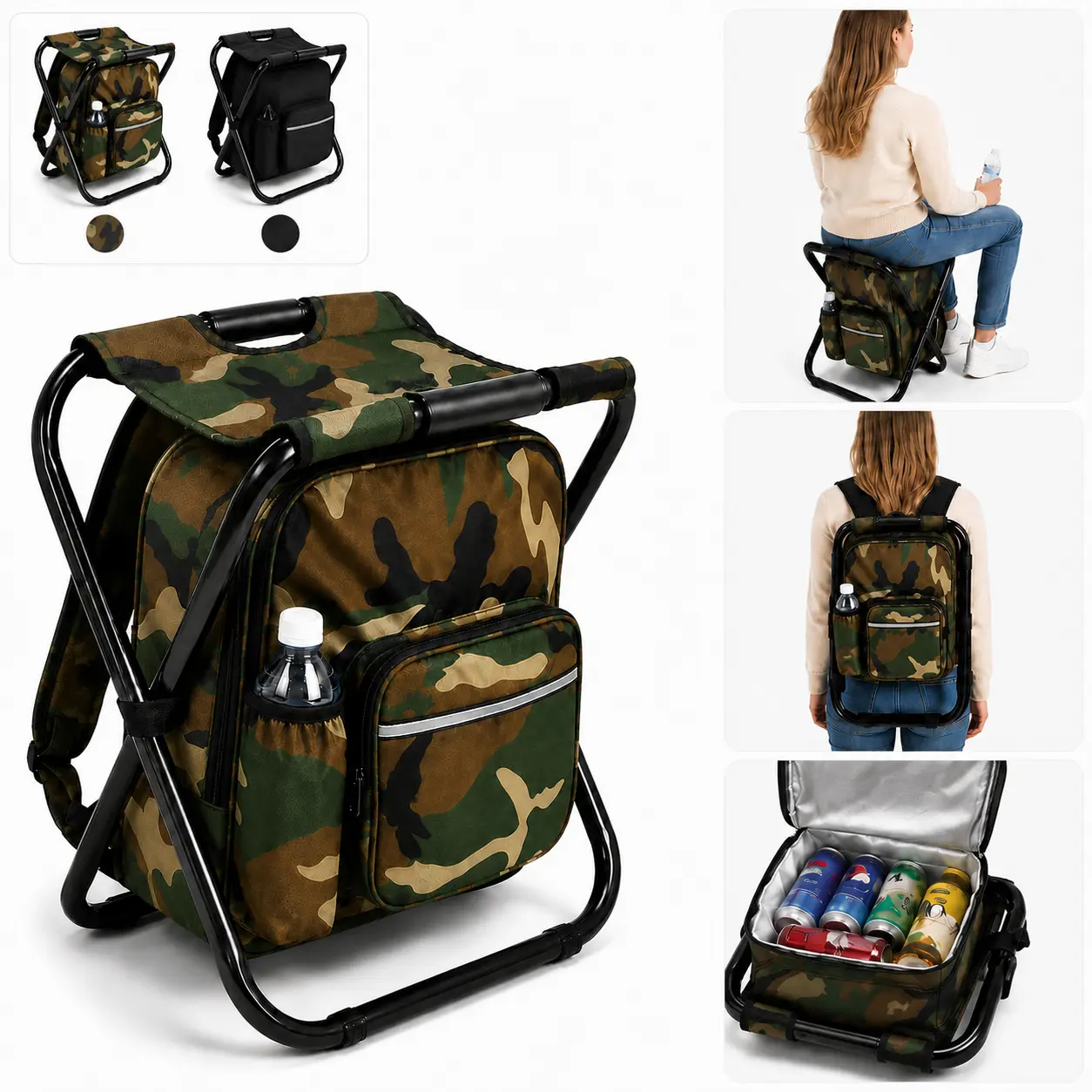 Camo Portable Backpack Stool, 3-in-1 Oxford Folding Cooler Chair for Fishing & Camping, Lightweight with Insulated Bag, Supports 300 lbs, Fishing Gear Supplies, Multifunctional Fishing Accessories