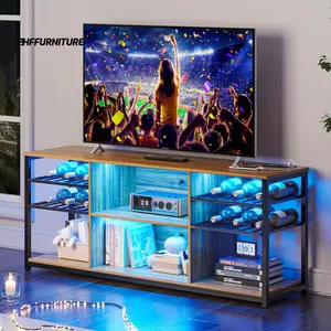 HNEBC Wine Bar Cabinet With Lights, LED TV Stand For 65 Inch TV, Television Stands With Charging Station Furniture Home&Office