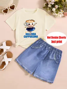 Fashion Two-Piece Set for Girls, Ballerina Cappuccina Print T-Shirt + Denim Shorts, Summer for Kids, Casual Slim Fit Suit