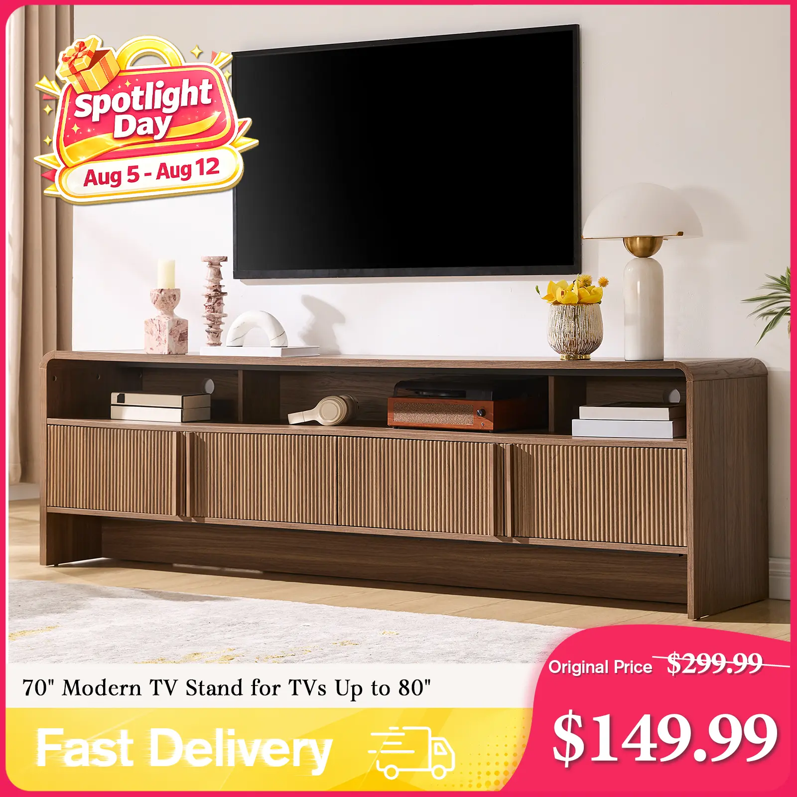 AMERLIFE 70" Modern TV Stand for TVs Up to 80", Wood TV Console with Curved Profile Design & 2 Storage Cabinets, Media Console Entertainment Center for Living Room, Bedroom/Best Gift Ideas/Christmas Gifts[tiktokshopbacktoschool][SohoChic]