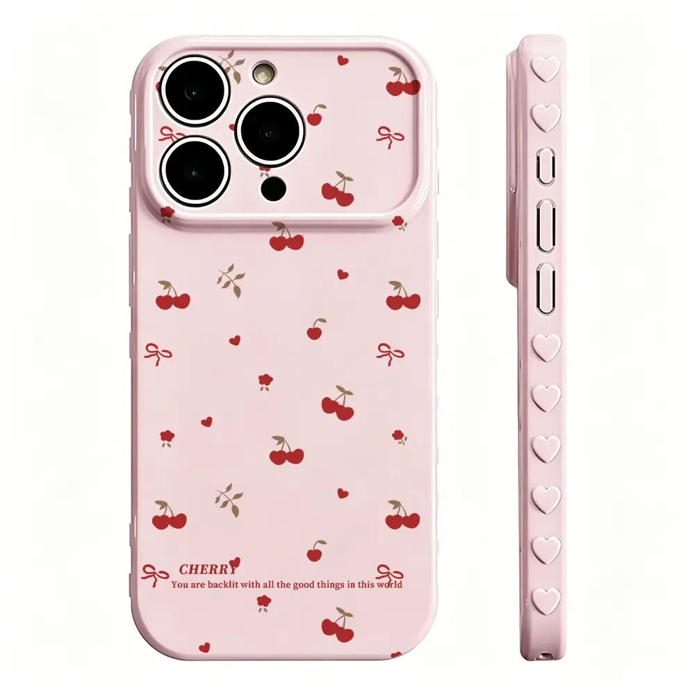 Summer dopamine cherry pattern TPU silicone phone case, all inclusive lens protection, heart-shaped border phone case, suitable for iPhone 17, 16 Pro Max Plus 15, 14, 13 Pinterest girl clean girl phone cases - B012