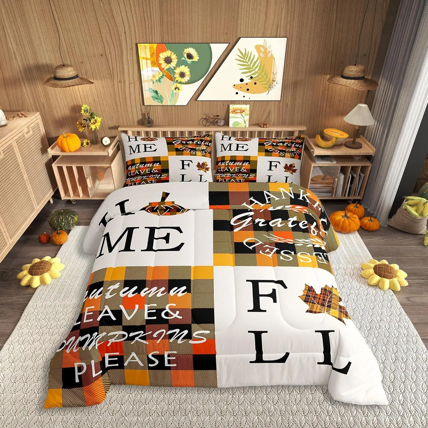 Autumn Leaves Comforter Set,Thanksgiving Theme Quilt Set,Soft Bed Collection,Retro Rustic Orange Plaid Splicing Bedding Comforter for Boys Girls Kawaii Bedroom Decor