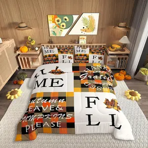 Autumn Leaves Comforter Set,Thanksgiving Theme Quilt Set,Soft Bed Collection,Retro Rustic Orange Plaid Splicing Bedding Comforter for Boys Girls Kawaii Bedroom Decor