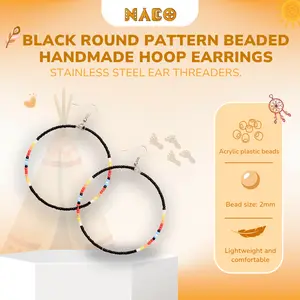 Unique Handmade Beaded Hoop Earrings | Black & Blue Round Pattern for Women's Fashion