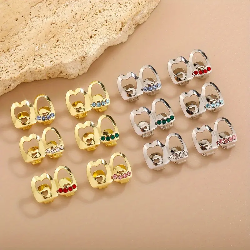 4 pcs Women's Hollow Heart Double Grillz Teeth - Glossy Hip-Hop Jewelry with Clear Synthetic Zirconia Center & Color-Changing Sides (Red/Green/Blue/Pink/Yellow/White/Black) - Comfortable Clip-On Design for Daily Wear, Parties & Everyday Outfits