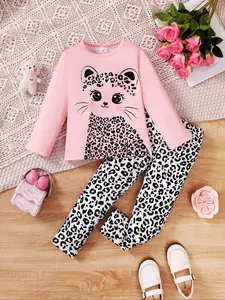 Two-Piece Set Toddler Girl's Kitty Leopard Print Sweatshirt & Skinny Pants Set, Cute Casual Outfit Set Long Sleeve Pullover & Leopard Print Leggings, Kids Spring & Fall Clothes, Baby Girl Clothes