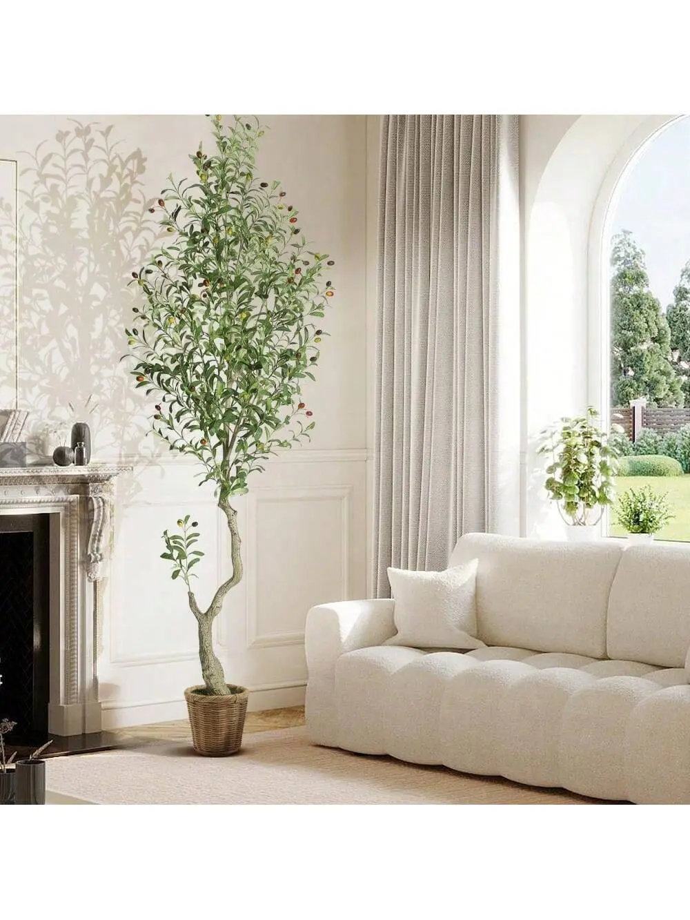 2PCS 7FT Lifelike Indoor Artificial Olive Trees - Plastic Artificial Plants with White Planter, Green Fake Moss, Fruit Decor for Home, Office Decoration, Indoor Artificial Trees