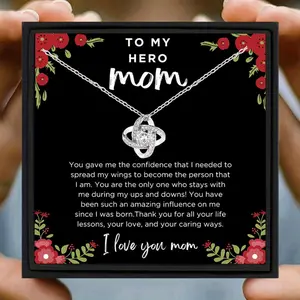 To My Hero Mom Pendant Charm Necklace with Gift Card & Gift Box, 1 Set Elegant Jewelry for Women, Summer Gift, Love Knot Necklace for Women, Wearable Jewelry