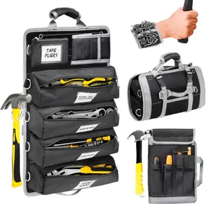 Premium Portable Roll Up Tool Bag, Heavy Duty Small Tool Bag Storage with 5 Detachable Wristbands, Gifts for Dad Tool Roll Organizer For Motorcycle, Truck, Electrician, Mechanics