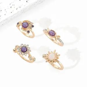 Women’s Sun & Moon Gemstone Ring Set, Trendy Geometric Stackable Rings with Sparkling Crystal Detail, Minimalist Light Luxury Jewelry for Daily Wear, Dates, Parties & Gift Giving SpringStatements