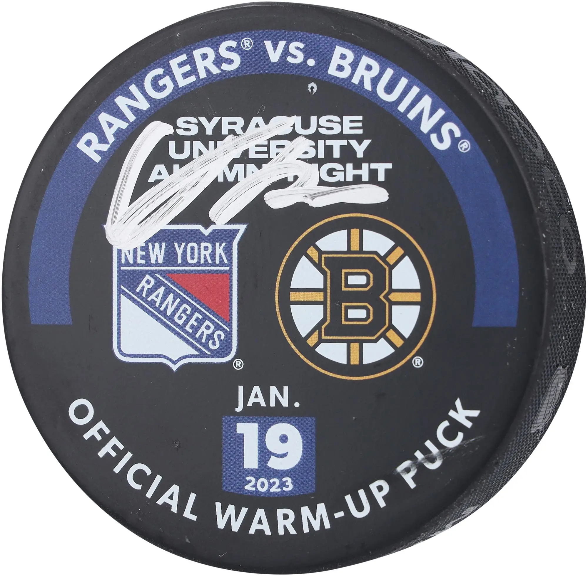 Adam Fox New York Rangers Autographed Practice-Used Puck Used During Warmups vs. Boston Bruins on January 19, 2023 - Fanatics Authentic Certified