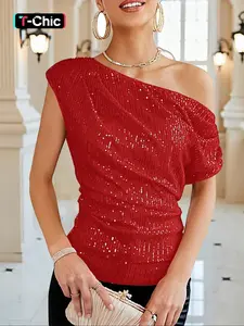 Women's Glitter Sequins Ruched Asymmetrical Neck Blouse, Elegant Fashion Casual Classy Top for Party Club Dating Wear, Ladies Clothes for All Seasons