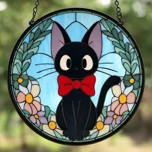 Jiji Stained Glass Suncatcher – Studio Window Hanging – Handmade Glass – Anime Lover Gift – Kikis Delivery Service