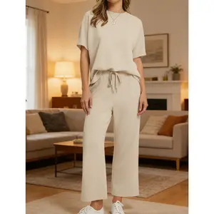 Women’s 2-Piece Soft Short-Sleeve Matching Lounge Set with Wide-Leg Pants — Tracksuit/Travel Outfit for Spring and Summer, Sportswear/Athletic Activewear