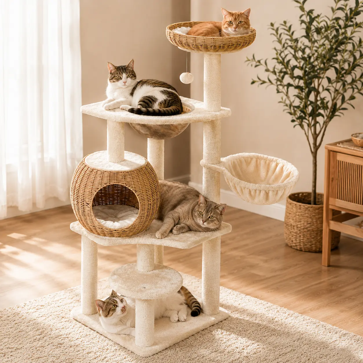 Yaheetech 54in Rattan Cat Tree Tower - Luxury Woven Kitten Condo, 360° Bowl View Bowl, Washable Cushions, 8 Thick Posts Base Scratching Posts, Indoor Cat Furniture