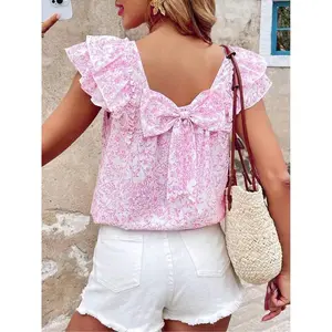 Women's Floral Print Blouse, Casual Ruffle Trim Shortsleeve Top for Summer, Women's Clothing for Daily Wear, Summer Tops, Bohemian Womenswear
