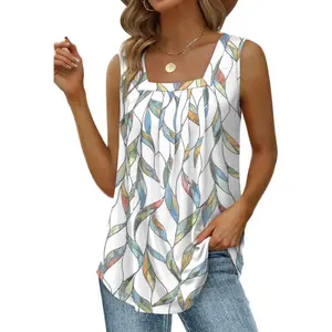Summer Tank Tops for Women Loose Fit Pleated Square Neck Sleeveless Tops Curved Hem Flowy