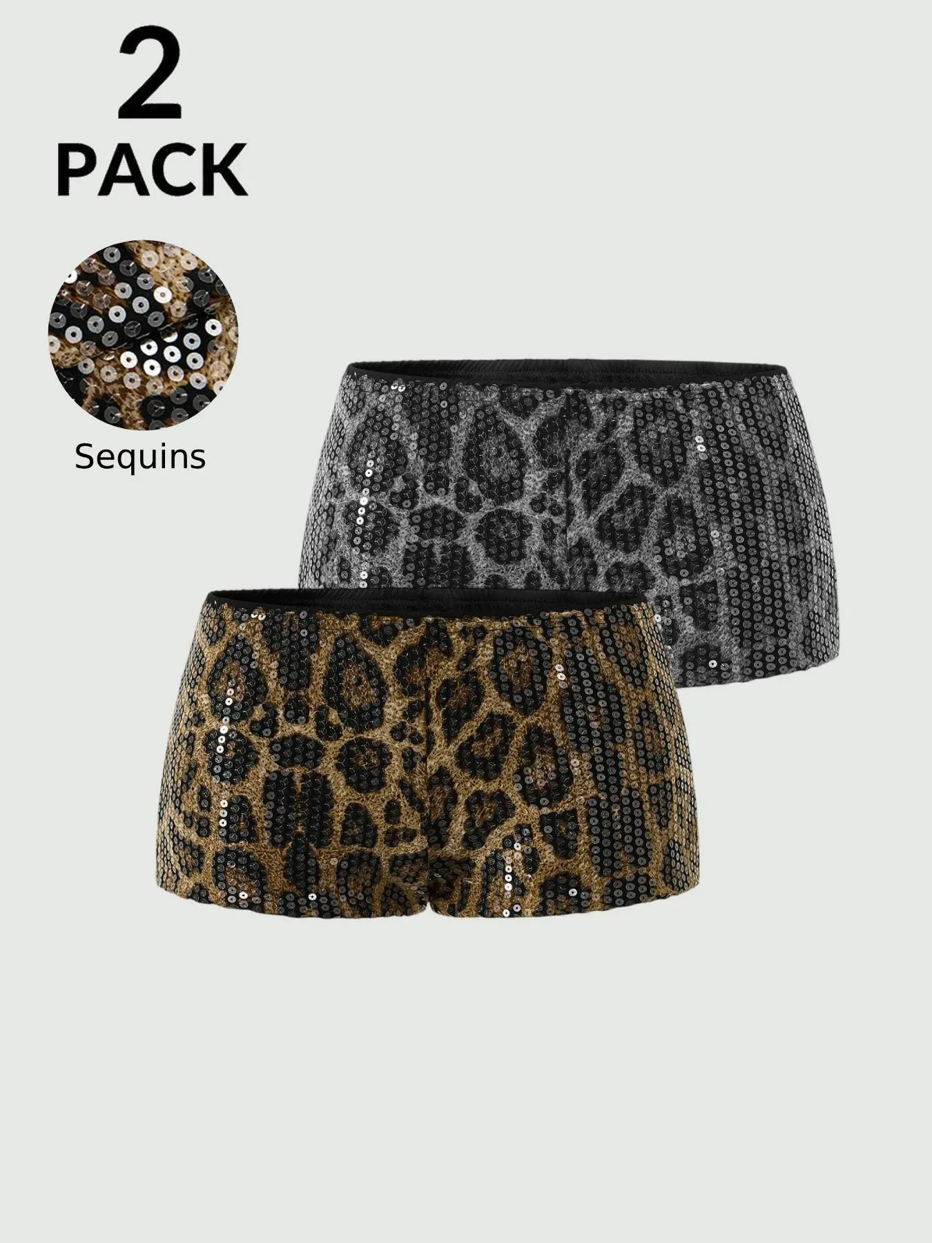 Women's Glitter Leopard Print Shorts 2-Pack, Low Waist Sexy Clubwear, Perfect for Parties, Clubs, Music Festivals, All Seasons