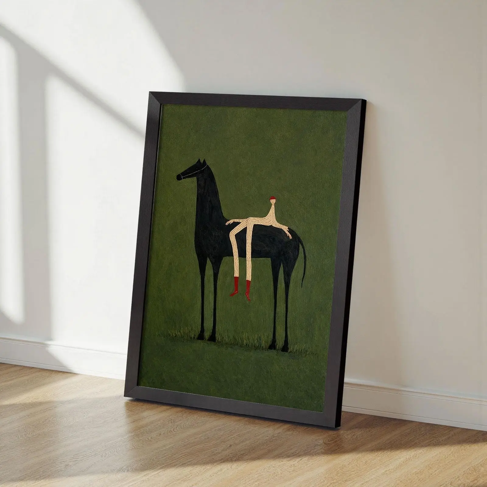 Vintage Abstract Horse Figure Art, Olive Green Textured Wall, Surrealist Black Framed Painting