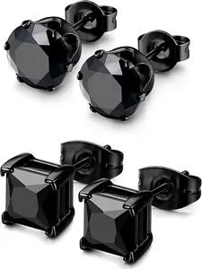 2 Pairs Hypoallergenic CZ Black Stud Earrings for Men Women 316L Stainless Steel Square Round CZ Mens Earrings Studs Jewelry Set for Sensitive Ears 3-8MM Black Silver Hypoallergenic Post Earrings