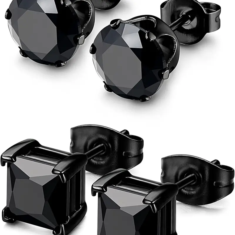 2 Pairs Hypoallergenic CZ Black Stud Earrings for Men Women 316L Stainless Steel Square Round CZ Mens Earrings Studs Jewelry Set for Sensitive Ears 3-8MM Black Silver