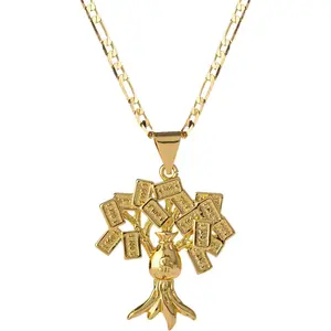 18K Gold Plated 100 Dollar Bill Tree Pendant Necklace for Women Men Money Tree Pendant 3mm Flat Figaro Chain Necklace 18/22 inches