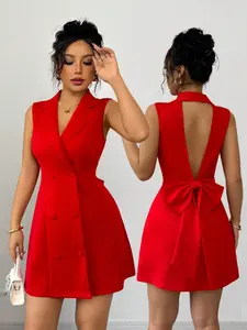 New Women's Suit Collar Double-Breasted Deep V Back Big Bow Design Sleeveless Slim Fit Party Dress, Elegant Chic Mini Dress for All Seasons, Womenswear