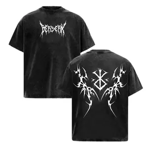 Men's Oversized Acid Wash T-Shirt, Heavyweight 230gsm Cotton Fabric with Berserk Graphic, Short Sleeve Streetwear Pump Cover, Tshirt