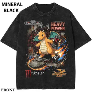 Dragonite Heavy Power Shirt, PKM T-shirt, Anime Streetwear Graphic Tee, Fire Dragon Energy Drink Style, Vintage Mineral Wash Black T-Shirt, Y2K Otaku Oversized Tee, Hypebeast Anime Gift Shortsleeve