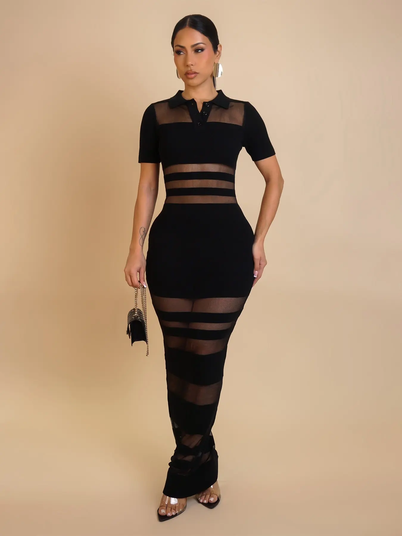 1 Piece Women's Summer Knit Dress, Colorblock Polo Neck Fitted Skirt, High Waist Bodycon Slimming Dress, Breathable Fabric for Casual Style, Elegant Chic Womenswear