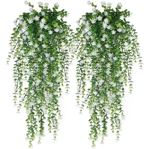 6 Pack Handmade Faux Eucalyptus Hanging Flowers, White Greenery Vine Garland for Outdoor Indoor Wall Garden, Aesthetic Wedding Party Home Decor