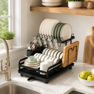 Double‑Layer Kitchen Dish Rack – Space Saving Countertop Dish Drying Rack with Large Plate & Bowl Capacity, Utensil Cup Holder, No Tools Assembly, dish drying racks