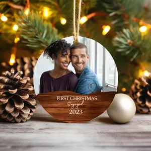 Personalized Engagement Ornament - 'First Christmas Engaged' Ceramic Round Ornament, 2.75" - Custom Photo Keepsake for Couples