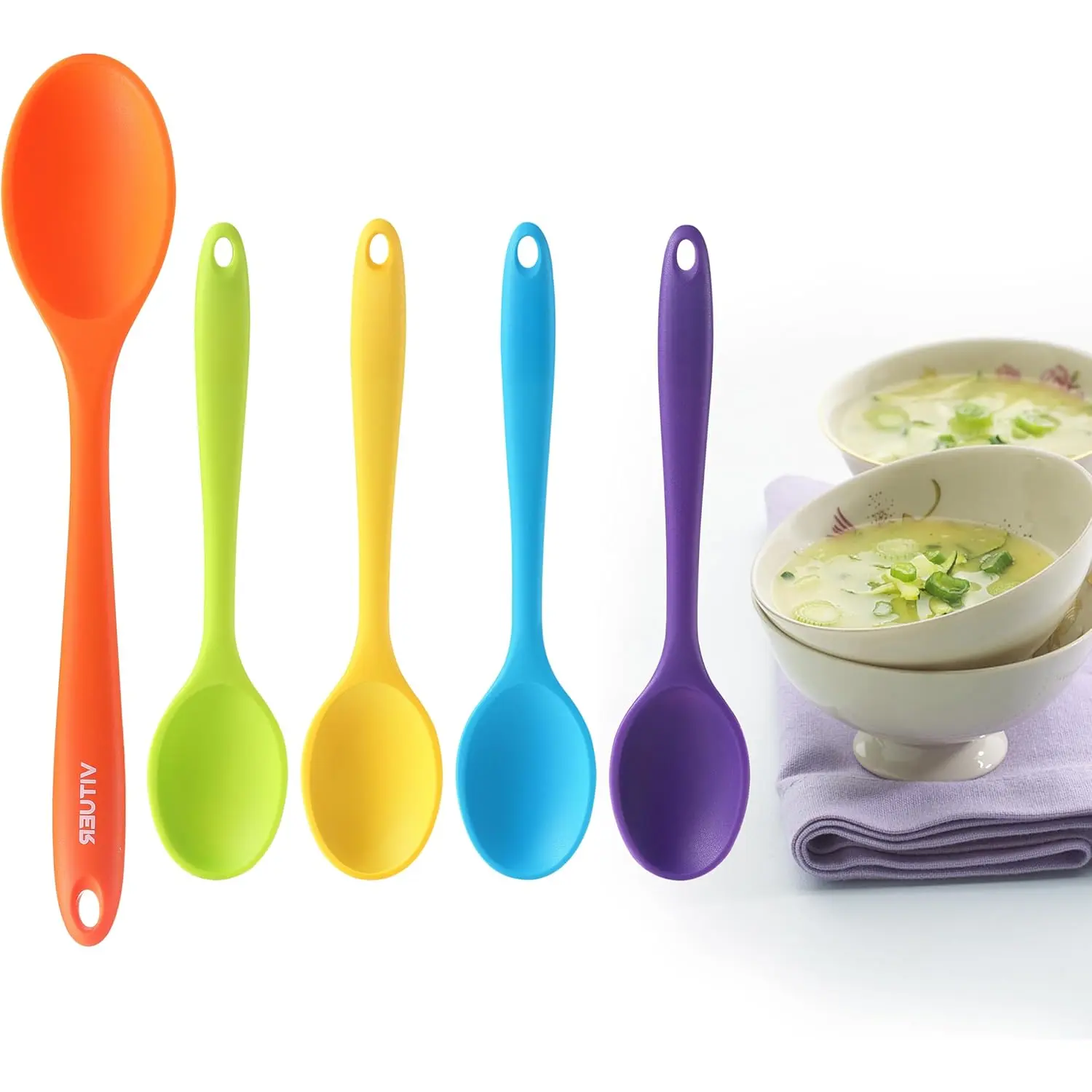 5 count Silicone Serving Spoons Set,  Heat Resistant Kitchen Spoons for Cooking, Mixing, Stirring and Serving, Dishwasher Safe (5 Pack, Multicolor)