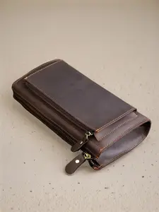 Men's Genuine Leather Wallet, Long Zipper Design, Vintage Large Capacity, Casual Cowhide Handbag, All Seasons Use