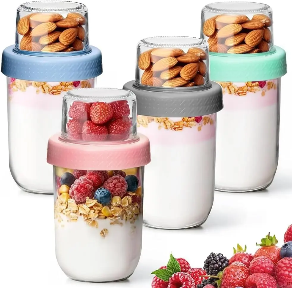 4 Pack Glass Yogurt Parfait Cups with Lids, 16+4oz Reusable Containers with Dry & Wet Separation, Leak-Proof for Overnight Oats, Meal Prep, Portable to Work & School, Easy Clean