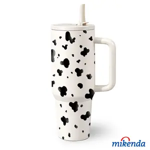 1 Pc 40 Oz Stainless Steel Water Cup with Handle and Folding Straw, Black and White Cow Print Pattern Design, Double Wall Insulated Thermal Mug, Hot 12H / Cold 24H, Fun Drinkware, Easter Mother’s Day Birthday Holiday Gift for Friends.