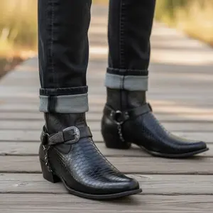 Jazame Men's Ankle High Snake Skin Belt Buckle Chain Strap Wester  Boots Botas bota con hebilla de cinturón vaquero vaquera para hombre chelsea