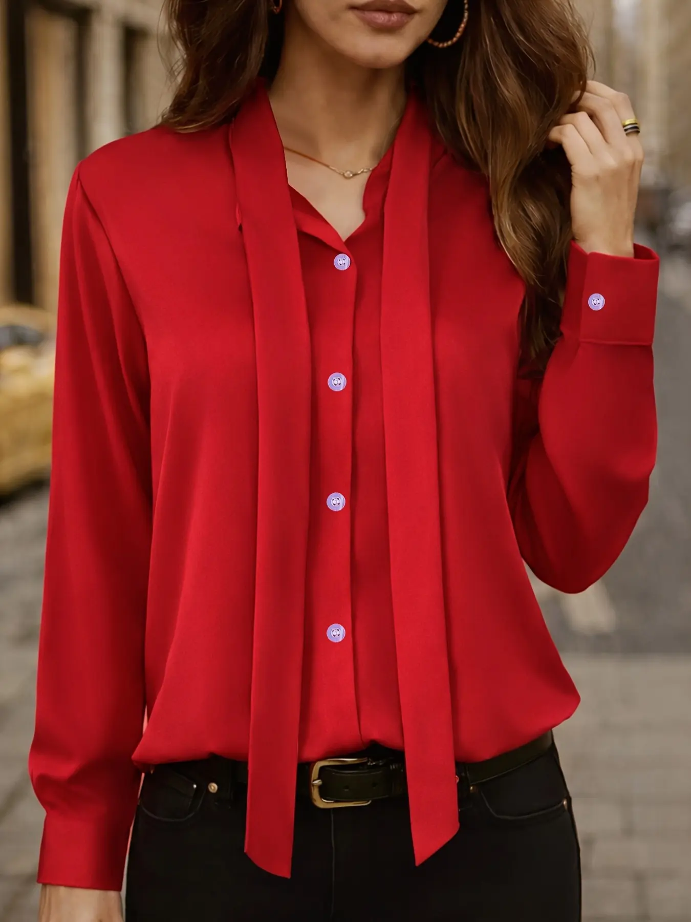 New arrival classic stylish satin long-sleeve blouse shirt with neck ribbon design, suitable for all-season wear