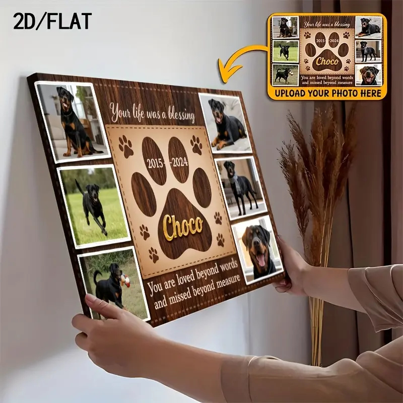 2D Flat, 2D Flat, Custom Pet Memorial Photo Frame- Personalized Dog And Picture Collage with Name And Years- Paw Print And Bone Design- Framed Framed Framed Canvas Wall Art for Pet Loss Sympathy Gift, Home Deco, Fathers's Day, Independence Day, Juneteenth