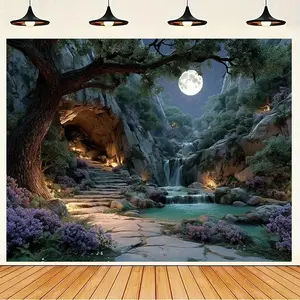 1pc Extra Large Cave Landscape Photo Backdrop Tapestry - Durable Polyester Wall Hanging with Vivid Waterfall, Moonlit Night Sky & Stone Steps Design for Living Room, Bedroom, Party Decor - No Electricity Needed, Mountain Wall Art, Home Decoration, Waterfa