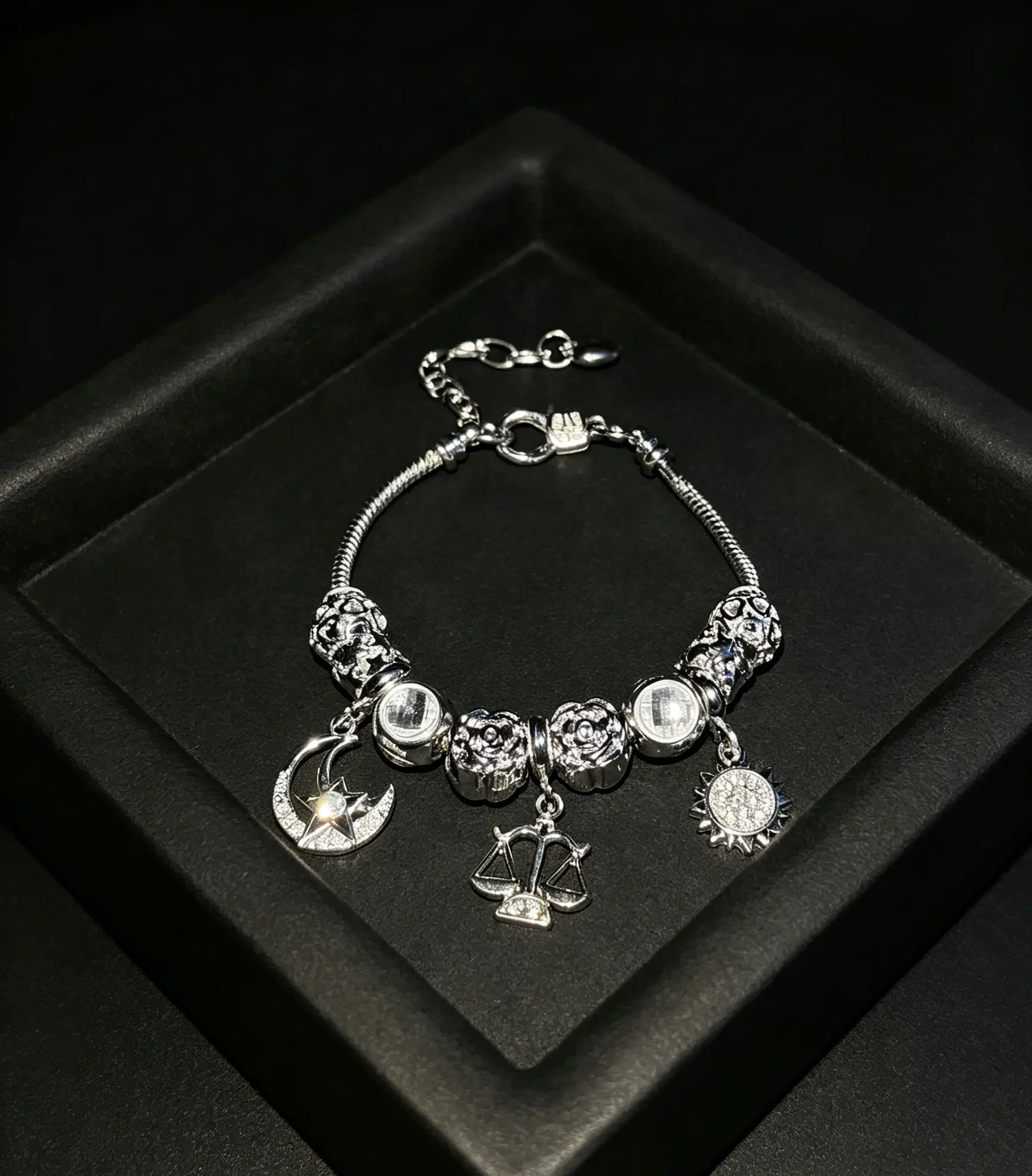 Stunning Silver‑Tone Sun Moon Zodiac Charm Bracelet Crystal Inlaid Constellation Pendant Bracelet Fashion Women Jewelry Birthday Gift
