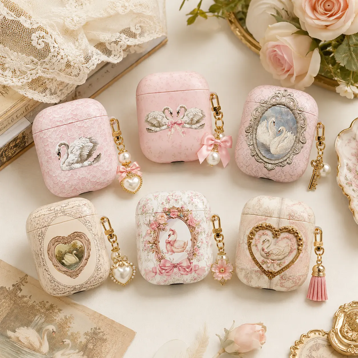 NO KEYCHAIN Vintage Swan AirPods Case, Coquette AirPods 2 3 Pro Case, Romantic Cottagecore Protective Cover, Pink Floral Polycarbonate Case