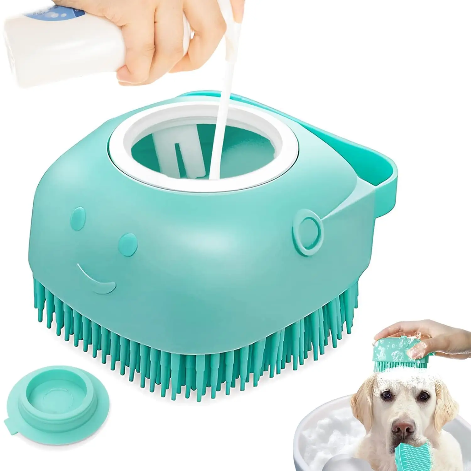Pet Bath Scrubber Brush, Dog Grooming Massage Shampoo Bath Brush with Soap and Shampoo Dispenser Soft Silicone Bristle for Long Short Haired Dogs Cats