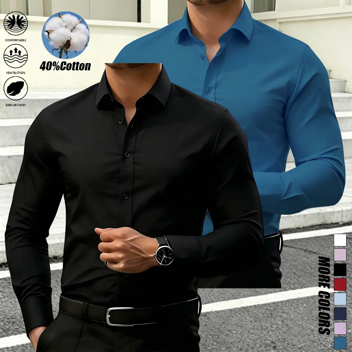 2-Pack Men's Slim Fit Business Shirts - Long Sleeve, Lightweight Polyester Fiber, Suitable for Office or Professional Wear, Professional Shirt | Fashion Formal Shirt | Custom Tailored Fit