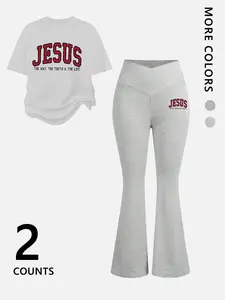 This two-piece women's set features a JESUS Graphic ​​logo-print off-shoulder T-shirt and flared pants. A stylish two-piece outfit suitable for everyday wear and trendy year-round. Perfect for back-to-school season.