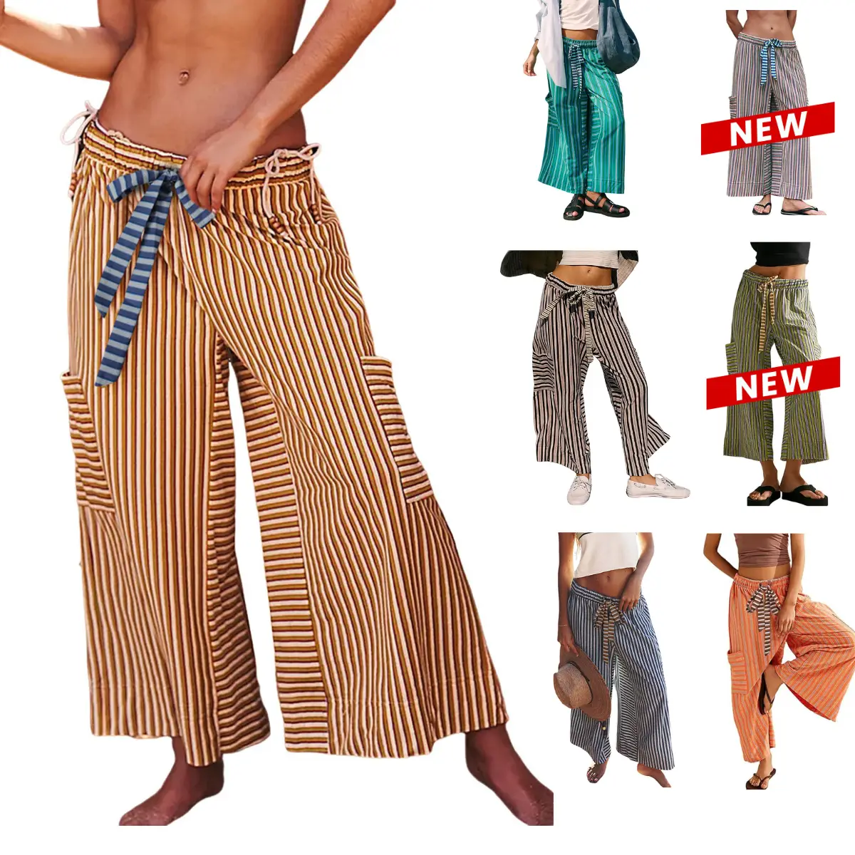 YeoKou Women Drawstring Striped Pants Loose Wide Leg Lounge Pants Casual Palazzo Pants Trousers with Pockets Bottom Oversize