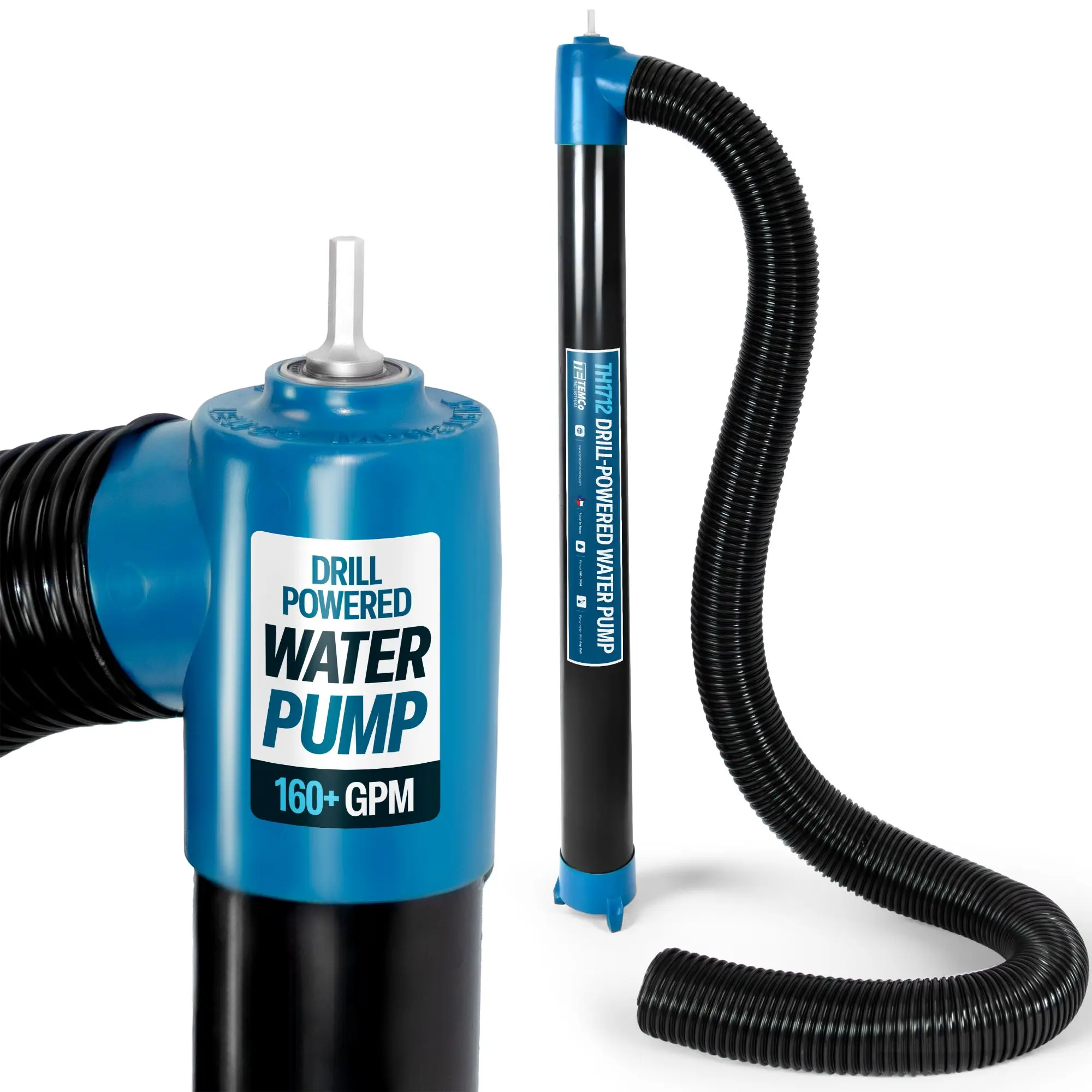 Drill-Powered Stick Water Transfer Pump 160 GPM, Anti-Clog, 6 FT Hose Included, Made in USA, TEMCo Industrial TH1712